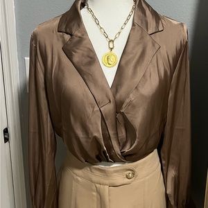 BROWN BLOUSE SATIN FABRIC, LONG SLEEVES AND V-NECK DO+BE